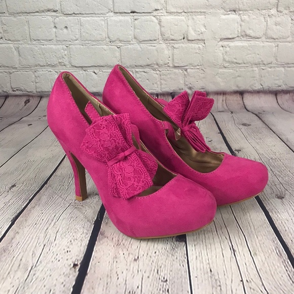 Qupid Shoes - Qupid Pink Faux Suede w Bow Stiletto Heel Shoes